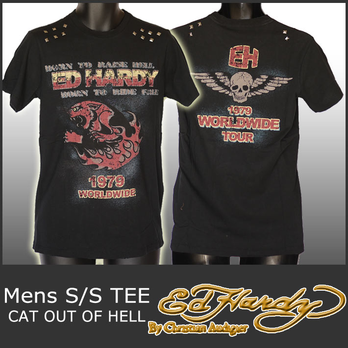 【丸首半袖Tシャツ地獄猫骸骨/黒】エドハーディー5108