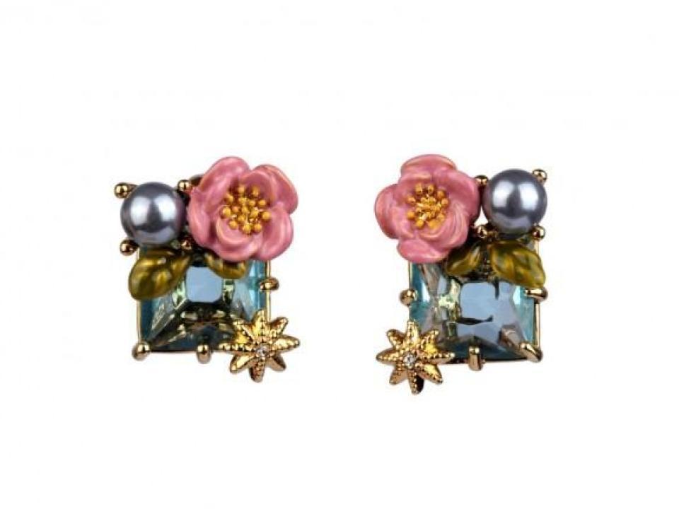 即発 ●フランス レネレイド ピアス ピンク花 ブルーストーン N2
