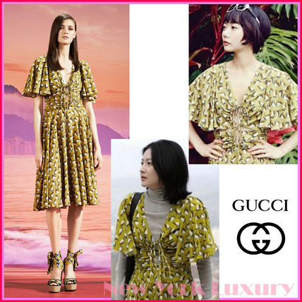 通販 人気】 レディース GUCCI グッチ ワンピース ドレス 黄色 ひざ丈