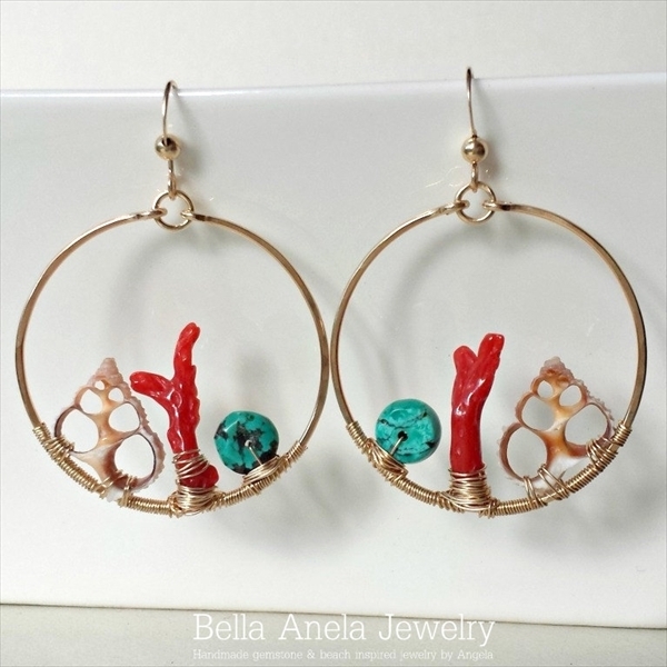 サンゴ & ターコイズ フープ ピアス ハワイ Bella Anela #287