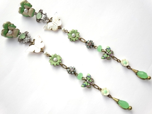 即発 フランス レネレイド ロングピアス パンジー 鳥 蝶 花 N2