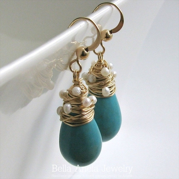 ターコイズ ＆パール ダングル ピアス ハワイ BellaAnela #367