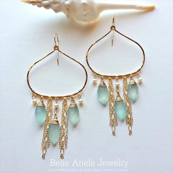 アクア ホワイトパール フープ ピアス ハワイ BellaAnela #439