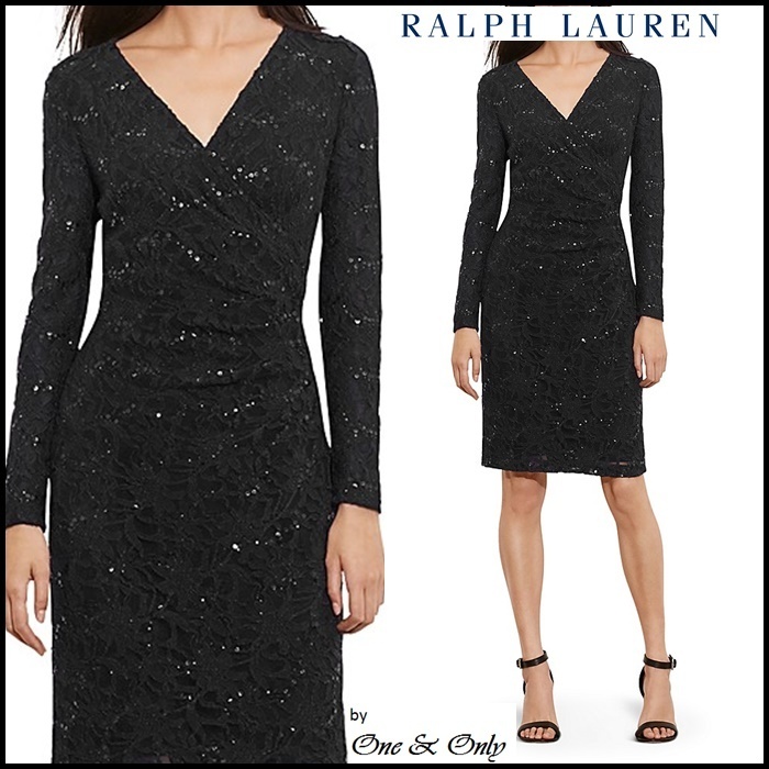 ラルフローレン LAUREN スパンコール装飾黒レースドレス 送料込