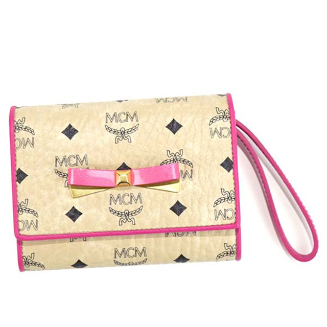 MCM 名刺入れ ストラップ付 リボン カードケース Beige+Pink
