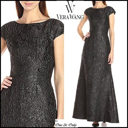 Vera Wang Party Dresses Maxi Boat Neck Plain Long Lace Puff Sleeves Party Dresses