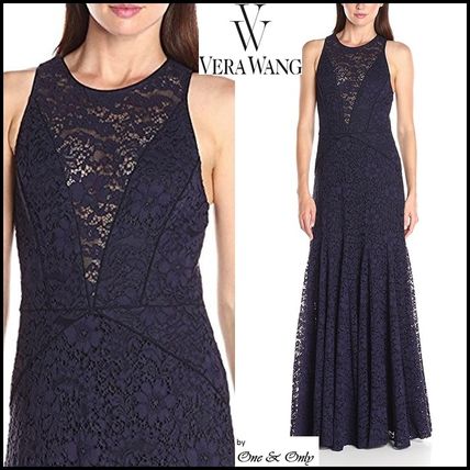 Vera Wang Party Dresses Flower Patterns Maxi Sleeveless U-Neck Plain Long Lace