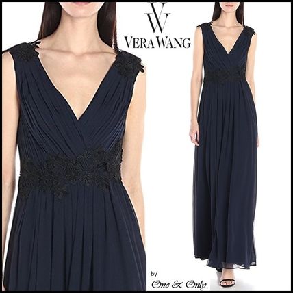 Vera Wang Party Dresses Maxi Chiffon Sleeveless V-Neck Plain Long Party Dresses