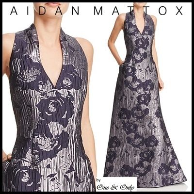 AIDAN MATTOX パーティードレス 【新着】アイダンマトックス 光沢紺ジャカード花柄ロングドレス