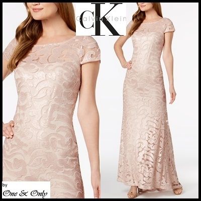 Calvin Klein Dresses Flower Patterns Maxi Boat Neck Long Short Sleeves Lace