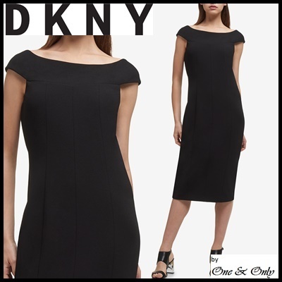 【新着/独占販売】DKNY ボートネックが美しい黒ミモレ丈ドレス