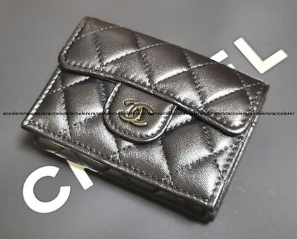 CHANEL Folding Wallets Unisex Lambskin Leather Folding Wallet Small Wallet