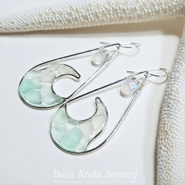ウェーブ シーグラス ムーン シルバー ピアス BellaAnela #570