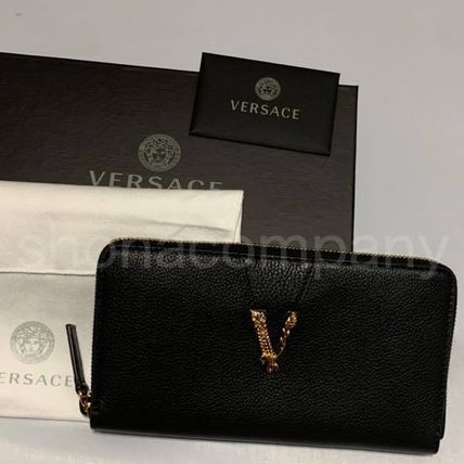 VERSACE 長財布 【関税込】●VERSACE●Vロゴ ラウンドジップ レザー 長財布