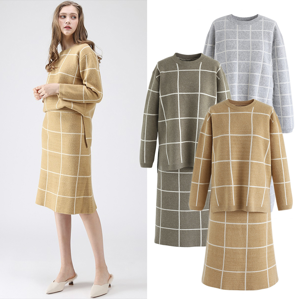 CHICWISH★グラフチェックニットワンピースセット 3色入り☆