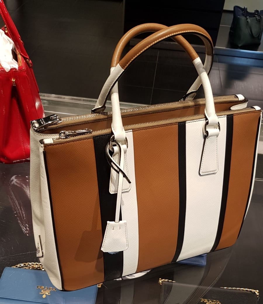 PRADAストライプ♪ガレリアハンドバッグ2WAY♪ブラウン×白×黒