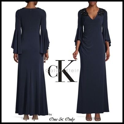 Calvin Klein Dresses Maxi V-Neck Cropped Plain Long Dresses