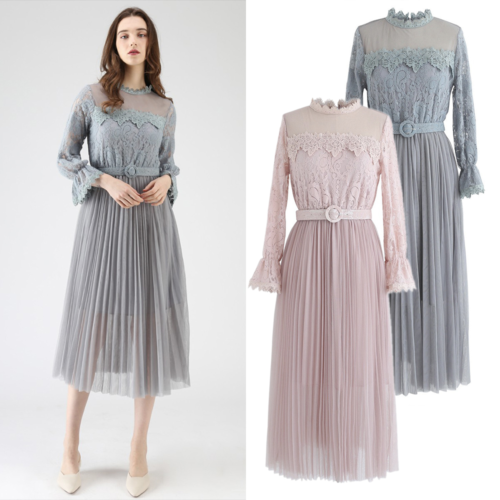 CHICWISH★ベルト付きメッシュレースワンピース 2色入り☆