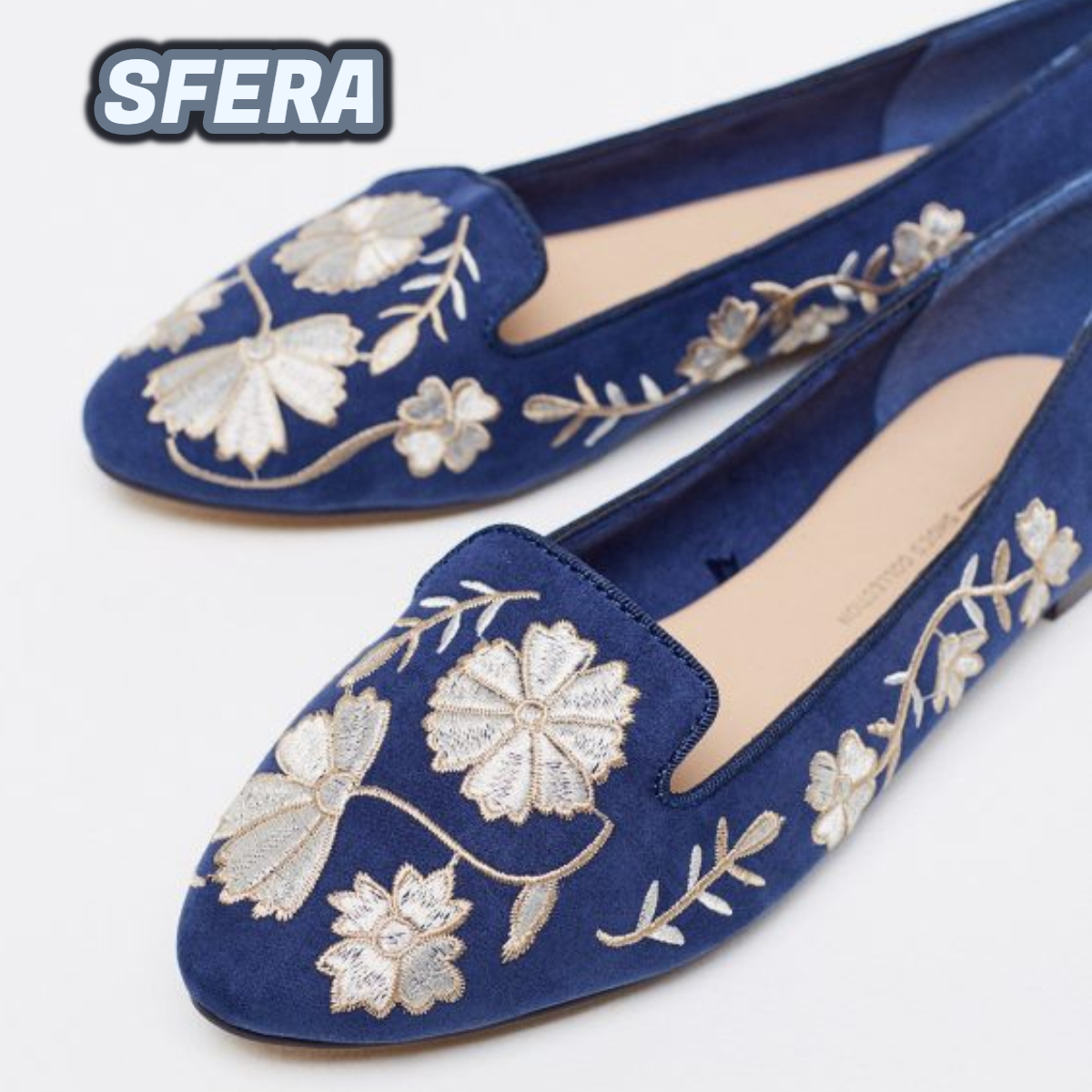 スペインSfera★足元華やぐ 綺麗ブルーのお花刺繍シューズ
