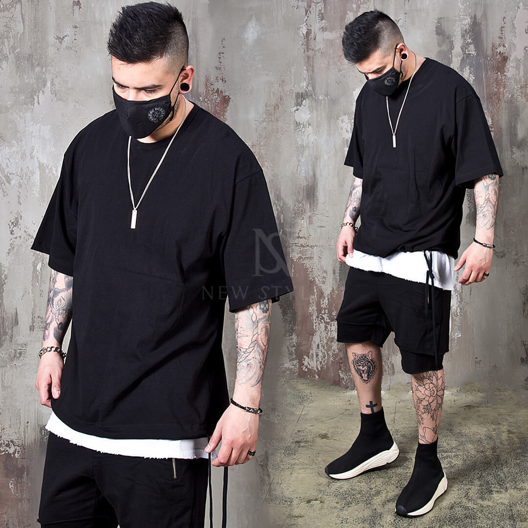 【関税・送料込】Bottom hem strap black t-shirts - 1098