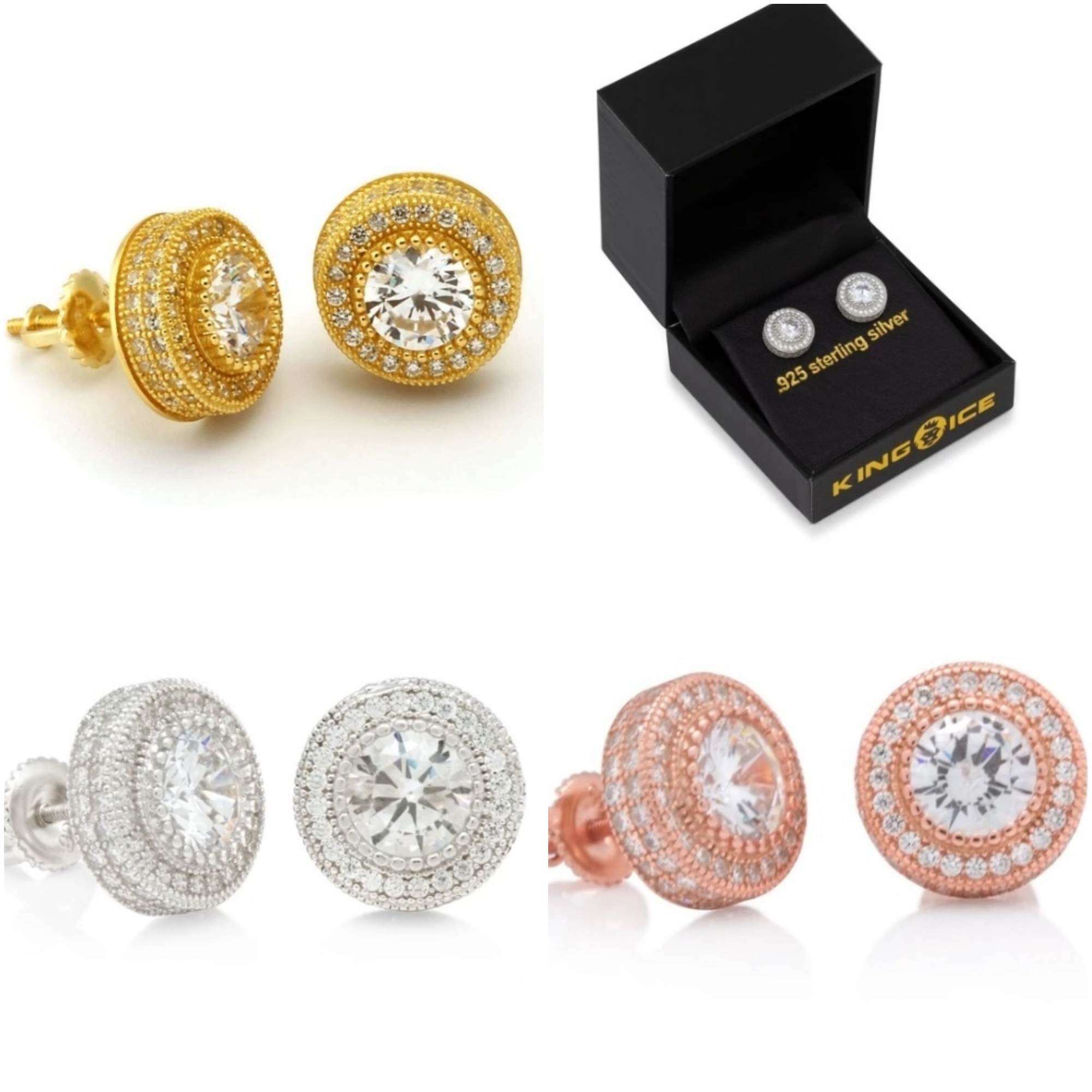 送料税込【King Ice】.925 Sterling Silver Button CZピアス/3色