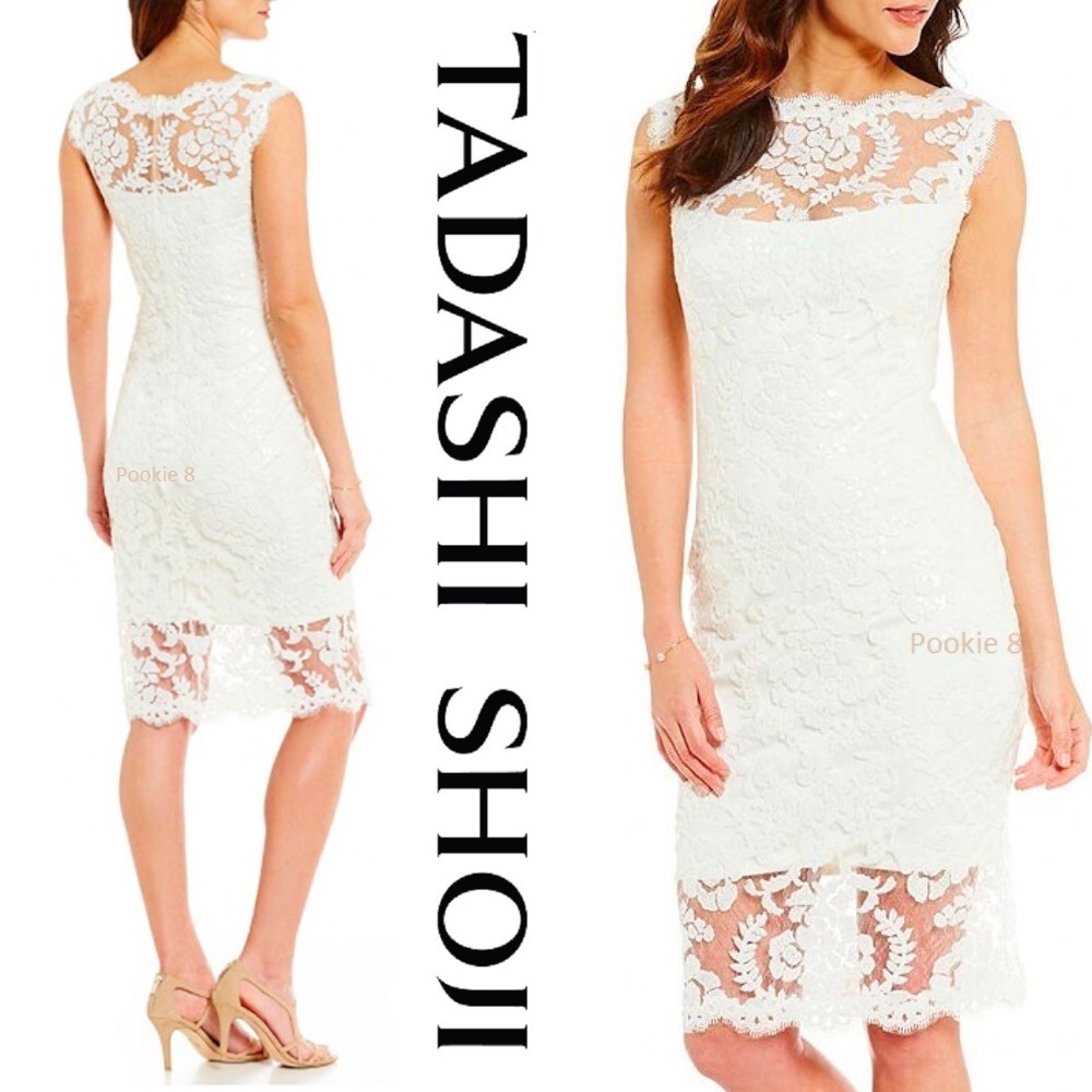 TADASHI SHOJI◆フローラル刺繍シクイン白パーティードレス