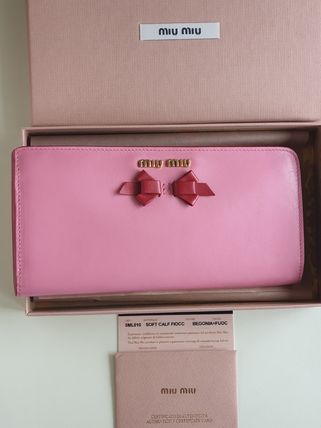 MiuMiu 長財布 miumiuおりぼん付き♪ソフトカーフレザーL字長財布♪ピンク×赤