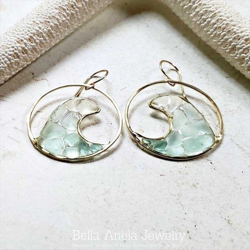 ウェーブ in circle シーグラス ピアス ハワイ BellaAnela #622