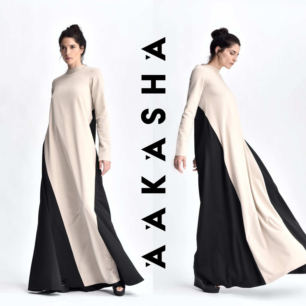 Aakasha【マキシドレス バイカラーワンピース】一番人気♡ Aakasha バイカラー 長袖 ワンピース ドレス ベージュ×ブラック