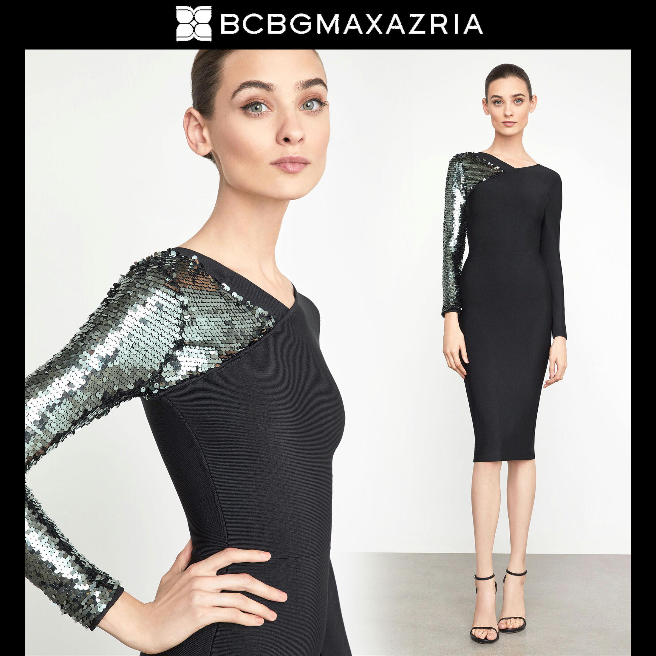 BCBG Max Azria スパンコールスリーブボディコンドレス www.omniblonde.com