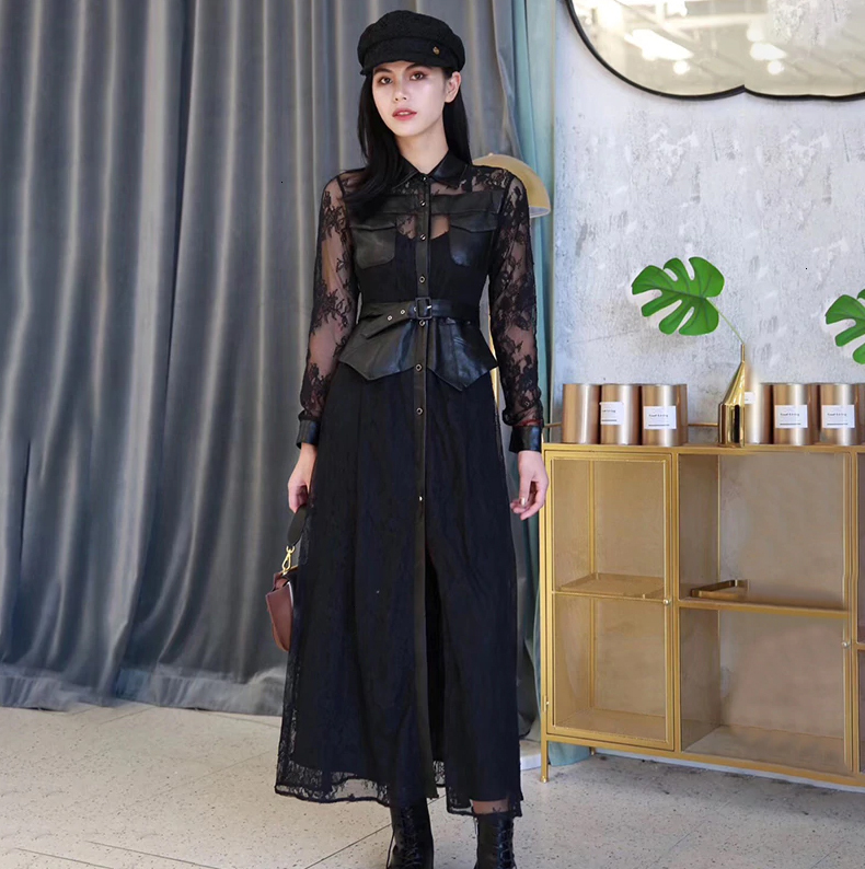 素敵 ウエストマーク レースレザーコンビ ロングワンピース