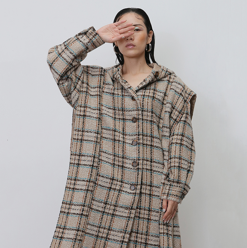 おススメ オーバーサイズ チェックフード ロングコート