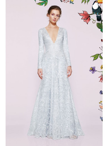 Tadashi Shoji シルバーVネック長袖ロングドレス