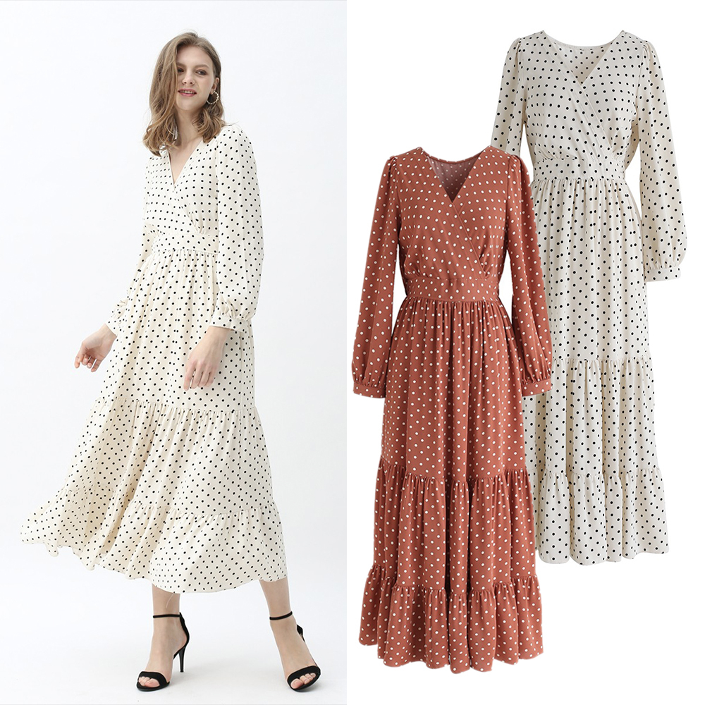 CHICWISH★シフォンドット柄カシュクールワンピース☆