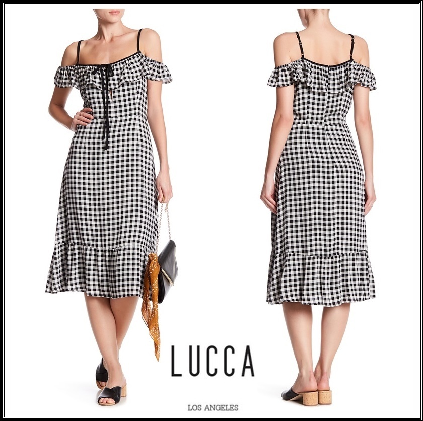 LUCCA★RUFFLE GINGHAM PRINT MIDI オフショルダー ワンピース