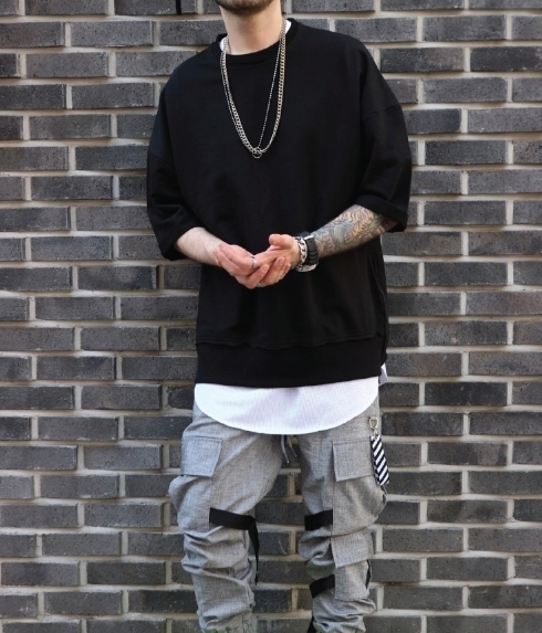 ★LAUL★SIDE ZIPPER OVER FIT HALF SWEAT SHIRT_BLACK