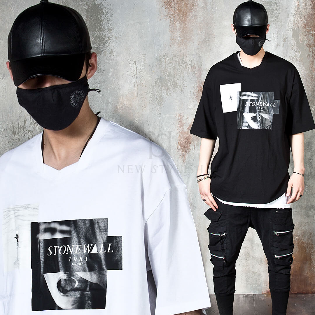 【関税・送料込】Picture printed pentagon-neck t-shirts -1163