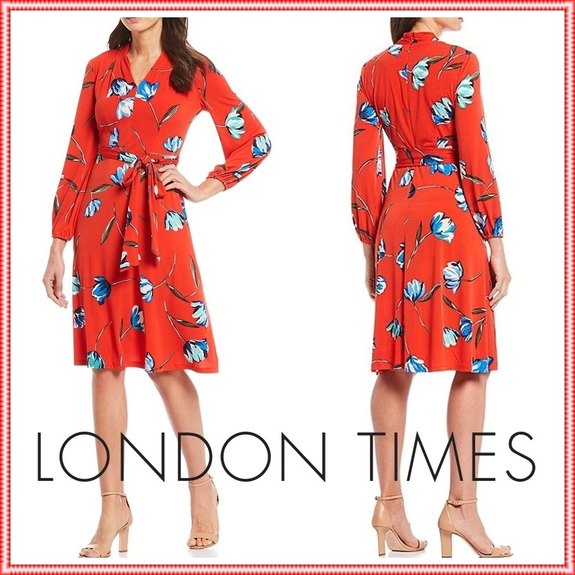LONDON TIMES★FLORAL JERSEY DRESS ベルト付きワンピース
