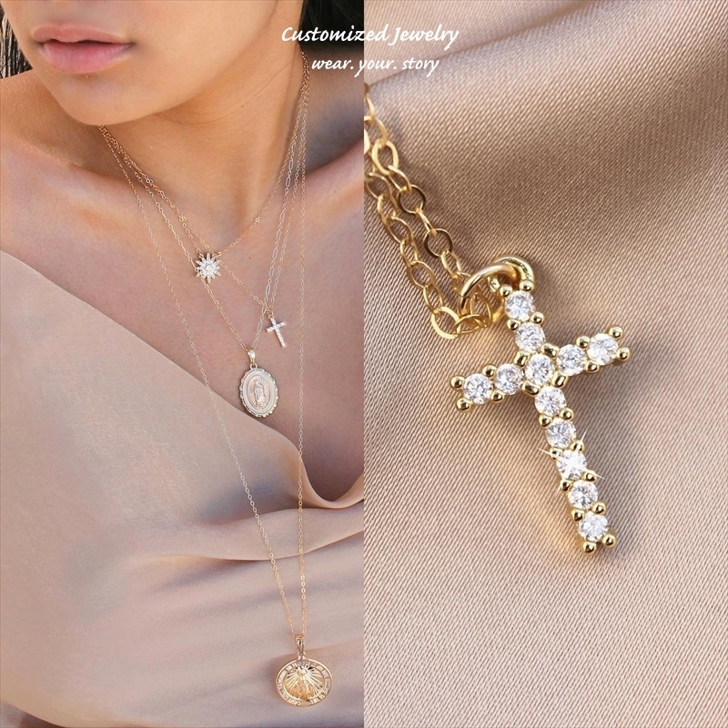 12 tiny cubic zirconia Cross（十字架） ゴールド ネックレス