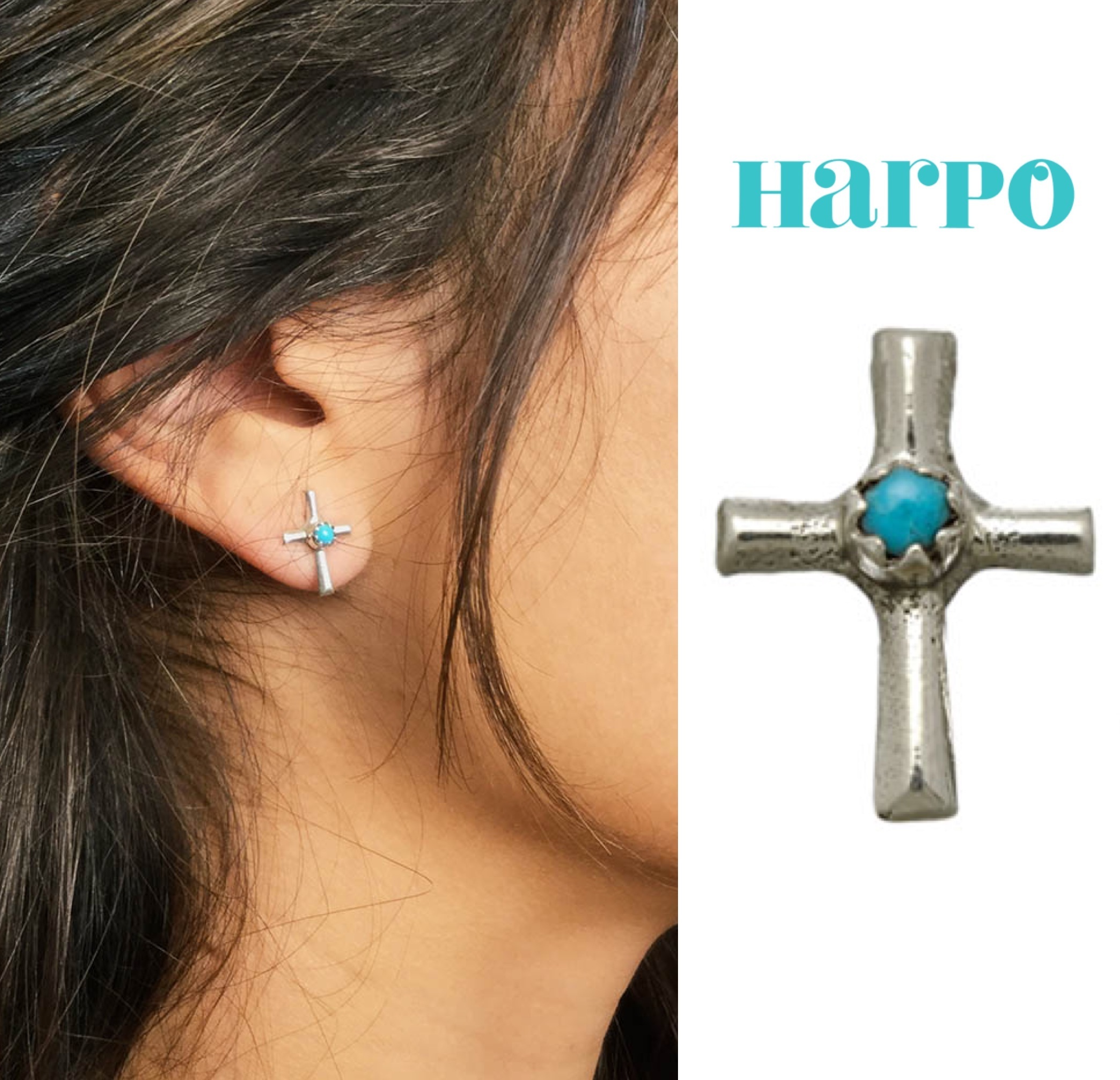 ★パリ発 Harpo アルポ★ ターコイズ クロス 十字架 ペア ピアス