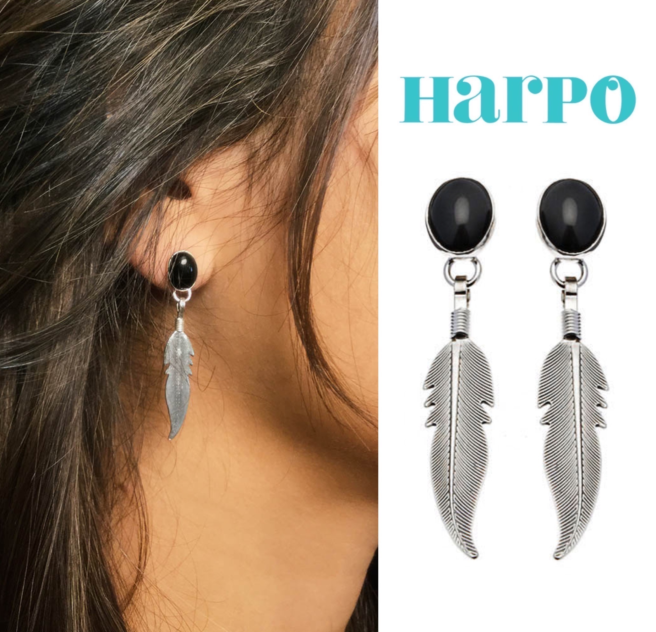 ★パリ発 Harpo アルポ★ オニキス&フェーザー ピアス シルバー