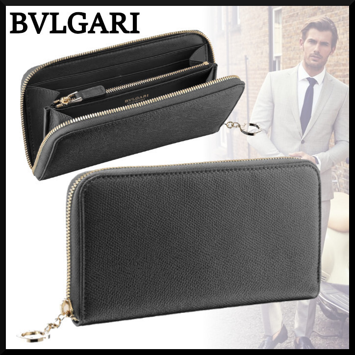 【BVLGARI】ブルガリ レザーブラックタッセルロゴ ジップ 長財布