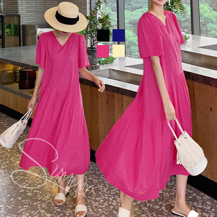 Dresses Casual Style A-line V-Neck Plain Long Short Sleeves Dresses