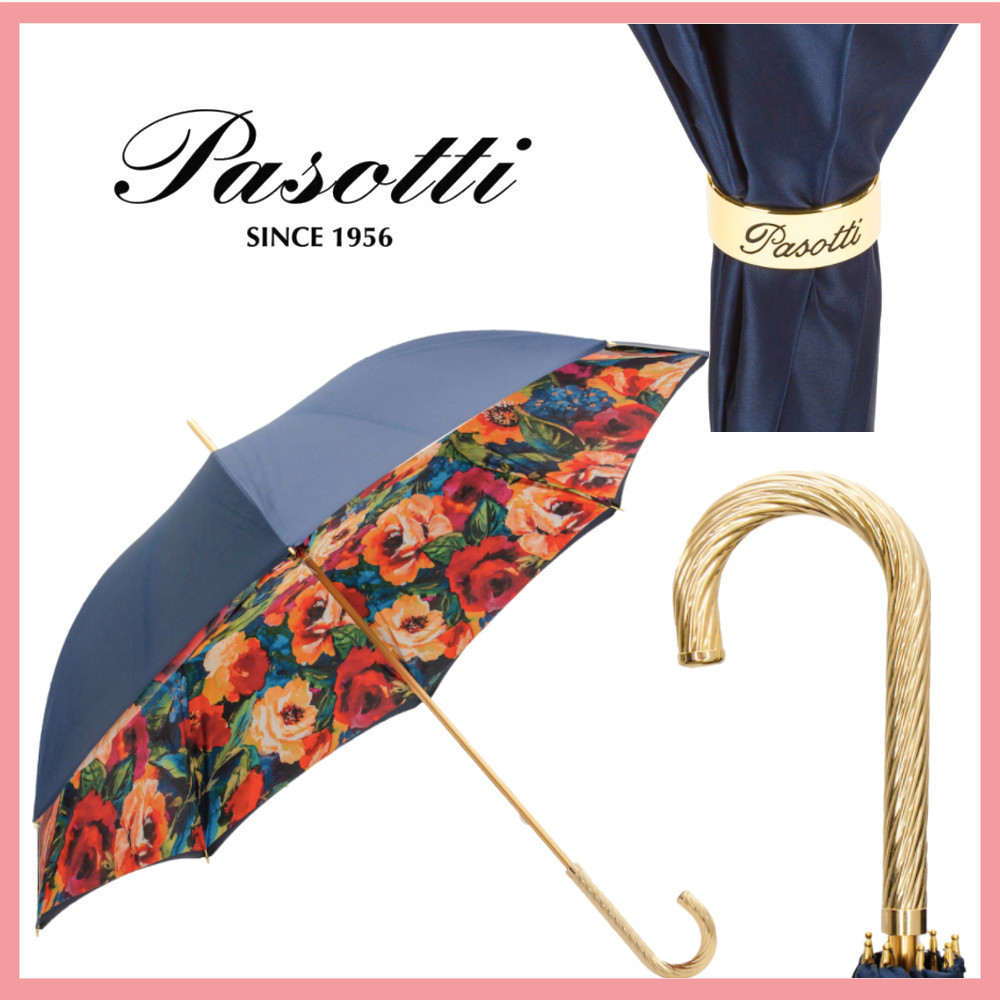 ☆送料関税込☆Pasotti Navy Umbrella with Flowers BrassHandle ☆送料関税込☆Pasotti Navy Umbrella with Flowers BrassHandle