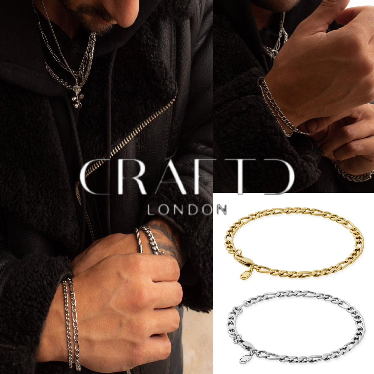 関税/送料込み【craftdlondon】18Kゴールドフィガロブレスレット