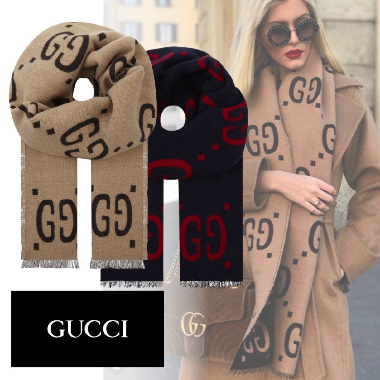 Shop GUCCI Gg Jacquard Wool Silk Scarf ( 495592) by lalaruru