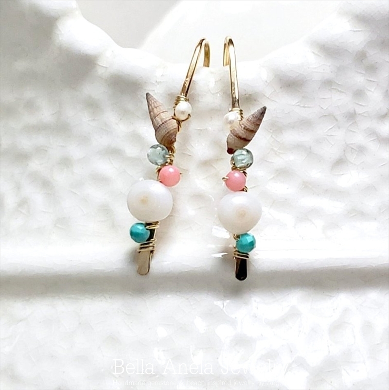 ピンク＆アクア ビーチシェル ピアス ハワイ BellaAnela