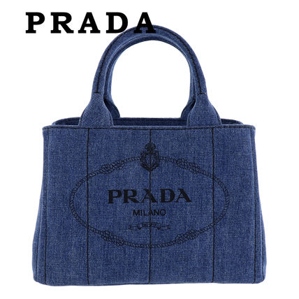 PRADA Totes Monogram Casual Style Unisex Canvas Denim Studded A4 2WAY