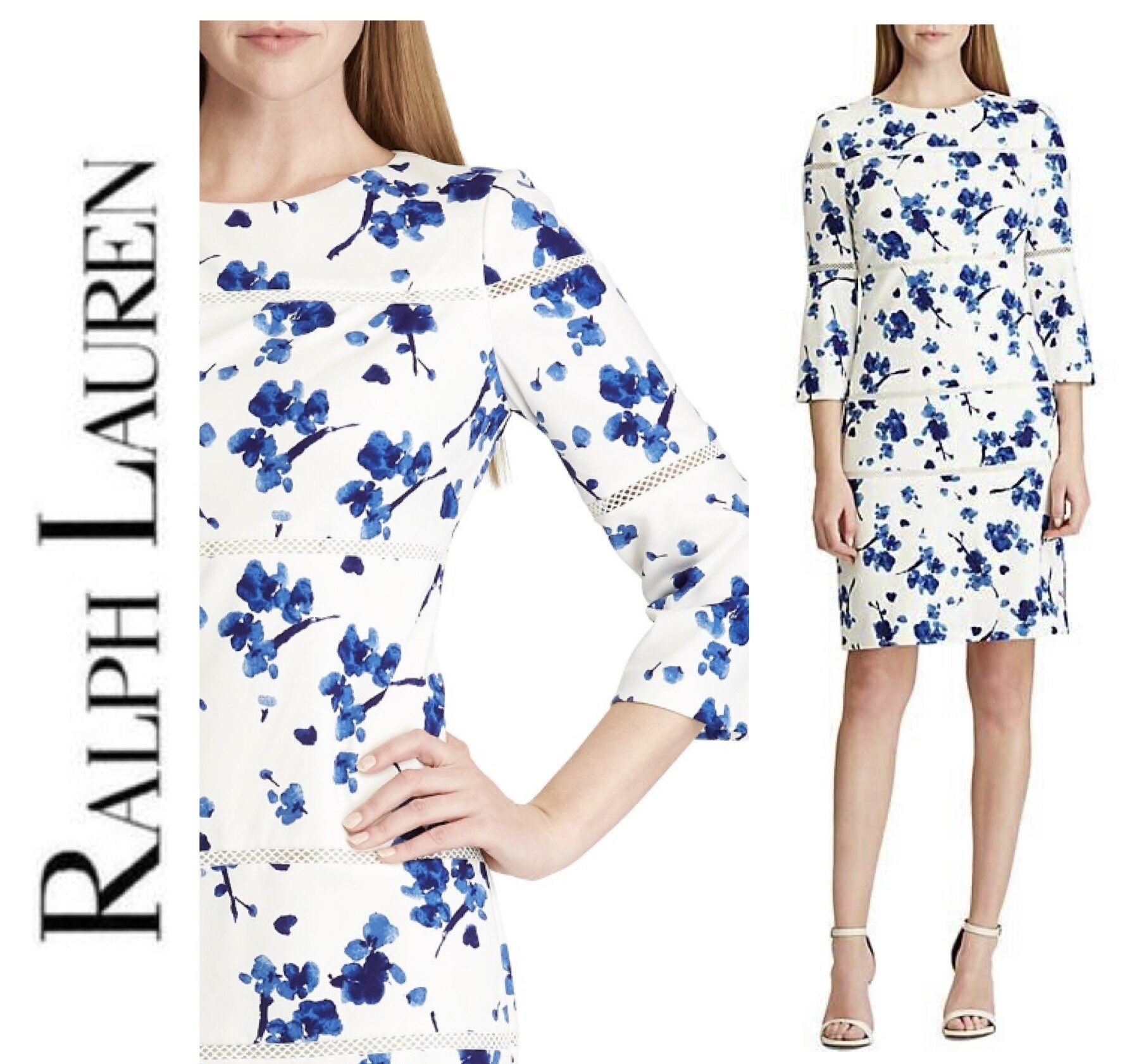RALPH LAUREN 七分袖ワンピース WHITE & BLUE FLORAL