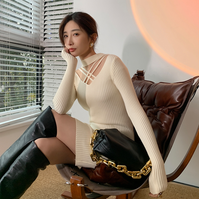 セクシー  スラッシュ 長袖 ハイネック タイト ワンピース